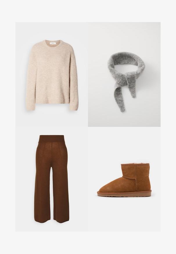 Beige gebreide trui met een ronde halslijn, lange mouwen en geribde zoom. Zacht, textuurstof met een relaxed fit.; pure cashmere LOOSE FIT PANTS - Broek - deep camel; Bruine suède enkelboot met een ronde neus en zachte voering, voorzien van een platte rubberen zool en minimale stikdetails.; Samsøe Samsøe DIAMOND SCARF - Sjaal - grey melange; Bruine leren schoudertas met een gestructureerde afwerking, gebogen vorm, hardware in goudkleur, verstelbare schouderband en klepafsluiting.