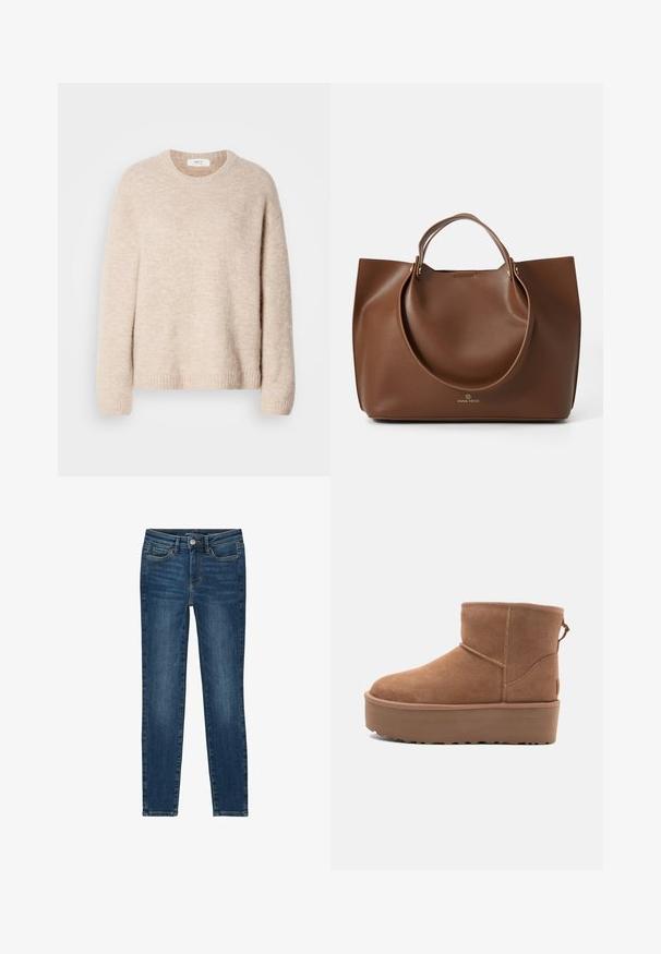 Šviesiai rudos megztinis su apvalia iškirpte, ilgomis rankovėmis ir džinsiniu apvadu. Minkšta, tekstūruota medžiaga su laisvu siluetu.; Lieknos džinsai, pagaminti iš tamsiai mėlynos džinsinės medžiagos, turintys klasikinį penkių kišenių dizainą, tiesius siūlus ir mygtuko bei užtrauktuko uždarymą.; Smėlio spalvos zomšiniai kulkšninių batai su platformos padu, apvaliu nosiu ir siuvinėjimo akcentais; turi kilpos užpakalinėje dalyje, kad būtų lengviau užsidėti.; Ruda odinė rankinė su lygiu paviršiumi, dideliais apvaliais rankenomis, minimalistinio dizaino, su logotipu išspaustu apačioje.