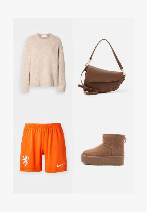 Béžový pletený svetr s kulatým výstřihem, dlouhými rukávy a žebrovaným lemem. Měkká, texturovaná tkanina s volným střihem.; Oranžové sportovní šortky s elastickým pasem, na levé noze s bílým logem lva a na pravé noze s bílým logem Nike swoosh.; Hnědé semišové kotníkové boty s platformou, zaoblenou špičkou a prošíváním; mají poutko vzadu pro snadné obouvání.; Hnědá kožená taška přes rameno s texturovaným povrchem, zakřiveným tvarem, zlatými kovovými prvky, nastavitelným popruhem a klopovým zapínáním.