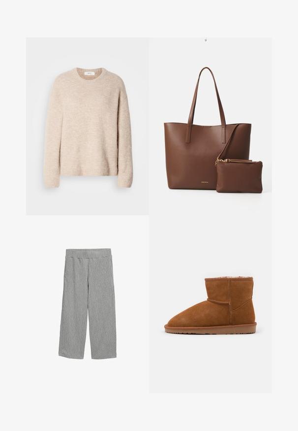 Beige knitted sweater with a crew neckline, long sleeves, and ribbed hem. Soft, textured fabric with a relaxed fit.; Lightweight, gray pants featuring a vertical striped pattern, wide-leg cut, elastic waistband, and no visible pockets.; Brown suede ankle boot with a rounded toe and soft lining, featuring a flat rubber sole and minimal stitching details.; Brown faux leather tote bag with two long handles and a matching small pouch. The surface features a textured pattern and gold hardware accents.