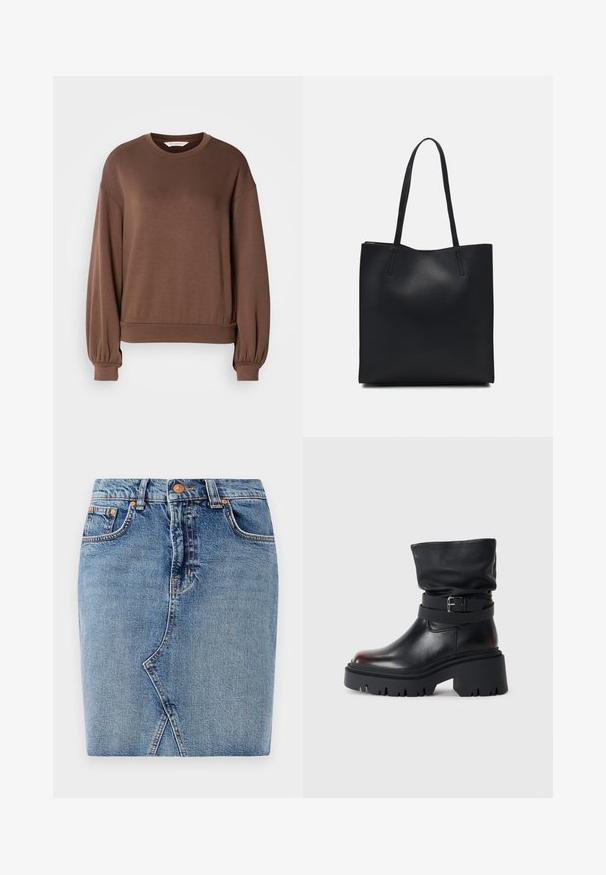 Hnedý pulóver so sweatshirt materiálom, s okrúhlym výstrihom, dlhými balónovými rukávmi a rebrovaným lemom. Hladká textúra s minimálnymi detailmi.; Džínsová sukňa v strednej modrej farbe, so priliehavým strihom, prednými vreckami a diagonálnym švom. Štandardný pás s metalickou gombíkovou súpravou.; Čierne kožené členkové čižmy s voľnou hornou časťou, detailom s prackou a hrubou, robustnou podrážkou. Majú okrúhlu špičku a hladkú textúru.; Čierna kožená taška na rameno s hladkým povrchom, obdĺžnikovým tvarom a dvoma dlhými uchami. Bez viditeľného kovania alebo ozdôb.
