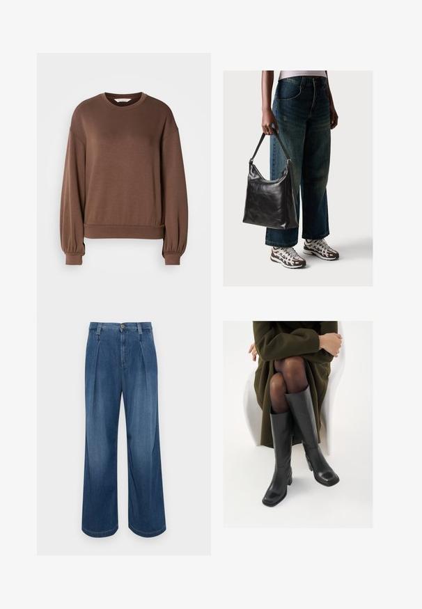 Suéter castanho em material suave, com decote redondo, mangas balão longas e bainha canelada. Textura lisa com detalhes mínimos.; Calças de ganga de perna larga em lavagem azul média. Apresenta um fecho de botão, duas pregas frontais e costura em contraste. Textura suave e acabamento liso.; Botas de couro pretas até ao joelho com biqueira quadrada e salto em bloco, apresentadas com um modelo sentado num casaco verde-azeitona. Textura lisa, com detalhes mínimos.; Bolsa de ombro em couro preto com textura suave e alça ajustável, combinada com jeans de perna larga desbotados e ténis desportivos.