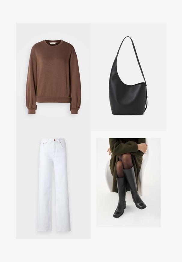 Rjav pulover s kapuco iz mehkega materiala, ki ima okroglo izrezovanje, dolge balonske rokave in rebrast rob. Gladka tekstura z minimalnimi detajli.; Beli hlače iz belega denima z visokim pasom, širokimi nogavicami, dvema sprednjima žepoma in gumbom za zapiranje. Gladka tekstura, minimalna podrobnost.; Črne usnjene čevlje do kolen s kvadratnim prstom in blok peto, prikazani na modelu, ki sedi v olivno zeleni plašču. Gladka tekstura, minimalne podrobnosti.; Črna usnjena hobo torba z gladko teksturo, ukrivljeno obliko in eno nastavljivo naramnico; ima širok odprtina na vrhu.