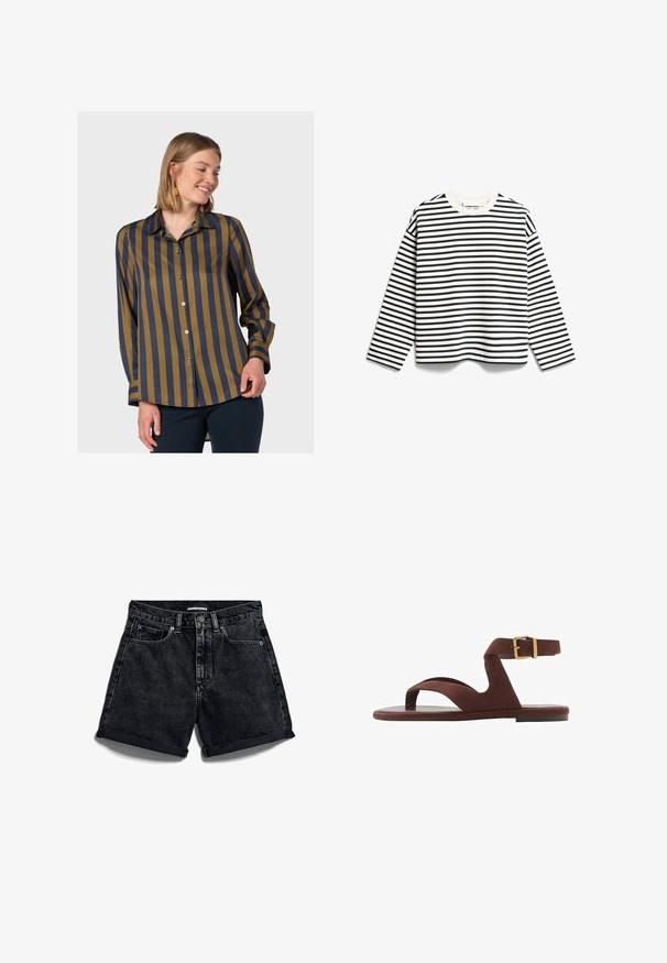 Black and white striped long-sleeve t-shirt with a round neckline, made from a soft cotton blend, featuring even-width horizontal stripes.; Button-up shirt featuring vertical navy and olive green stripes, a classic collar, and long sleeves with buttoned cuffs. Smooth fabric texture.; Black denim shorts with a high waist, rolled hems, and five-pocket design. Features a button front and contrast stitching.; Brown suede sandal featuring a slip-on design, ankle strap with buckle, and flat sole. Open toe with a smooth texture.