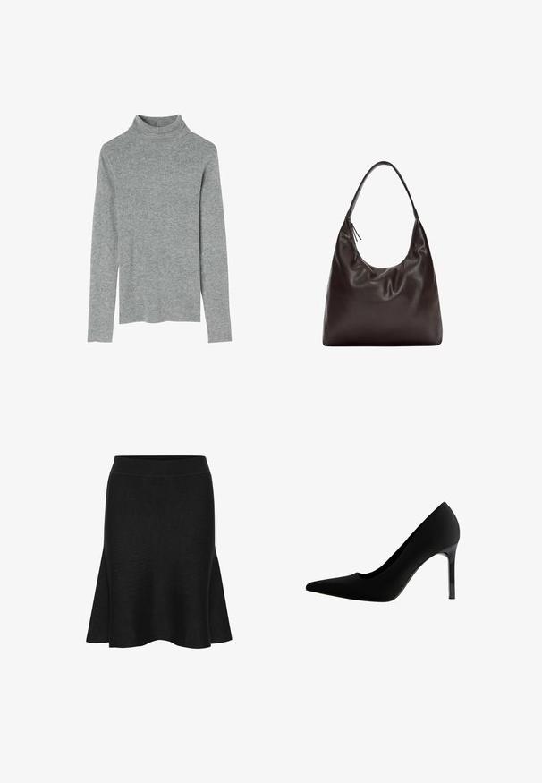Grijze geribde coltrui met lange mouwen en een aansluitend ontwerp, gemaakt van zacht, rekbaar materiaal voor comfort en warmte.; Zwarte gebreide klokrok met een brede tailleband. Heeft een gladde textuur en een zachte flare aan de onderrand. Geen zichtbare patronen of accenten.; Zwarte high heel pump met een spitse neus, glad en mat materiaal, slanke stiletto hak en een subtiele uitsparing bij de voetboog.; Bruine leren schoudertas met een zachte, slappe vormgeving. De tas heeft een brede schouderriem en een minimalistische uitstraling, aangevuld met een subtiele textuur.
