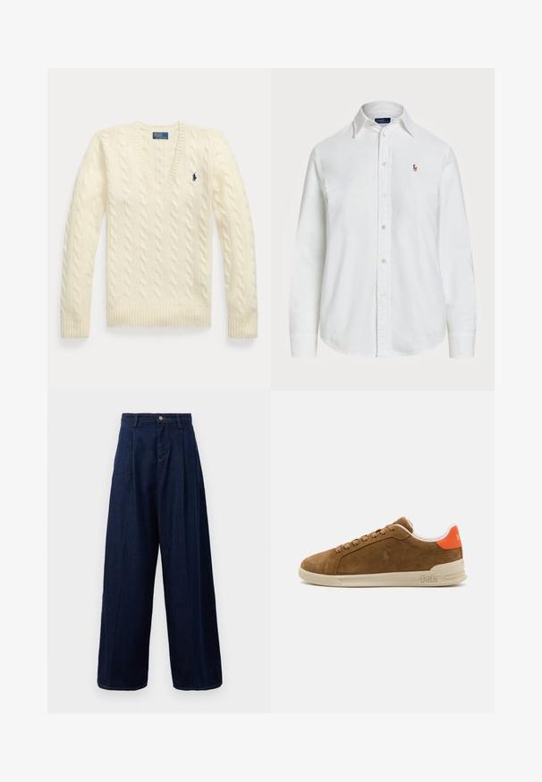 Kreminė kabelinė megzta V formos iškirptės megztinis su ilgomis rankovėmis ir mėlyna „Polo Ralph Lauren“ logo išausta ant krūtinės.; Balta medvilninė marškiniai su klasikiniu apykakle, ilgomis rankovėmis ir mažu išsiuvinėtu logotipu krūtinėje. Tekstūruotas audinys.; Tamsiai mėlynos džinsinės plačios kojų kelnės su aukštu liemeniu, raukšlėtu priekiniu dalimi ir klasikine sagčių uždarymu, turinčios šonines kišenes ir kontrastingą siuvinėjimą.; Rudos zomšos sportiniai bateliai su kreminiu guminio pado, su oranžiniais akcentais ant kulno ir mažo logotipo detale šone.