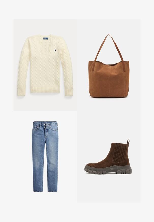 Kerman neule V-pääntiellä, pitkillä hihoilla, jossa sininen Polo Ralph Lauren -logo brodeerattuna rintaan.; Vaaleansiniset farkut suoran leikkauksen, viiden pussin designin ja nappisuljenta. Ominaisuuksiin kuuluu hienoinen haalistuminen ja oranssit ompeleet.; WEEKEND MaxMara GENEPI - Platform-nilkkurit - moro; Ruskean mokkanahkainen olkalaukku, jossa on kaksi pitkää kantohihnaa. Laukussa on sileä pinta, yksinkertainen muotoilu ja ei näkyviä materiaaleja tai koristeita.