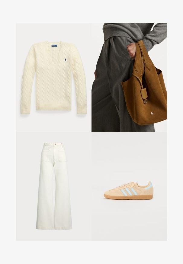 Tejelt kék V nyakú pulóver hosszú ujjal, ami a mellkasán a kék Polo Ralph Lauren logójával van hímezve.; Széles szárú farmernadrág off-white denim anyagból. Magas derekú dizájn, gombos záródással, két elülső zsebbel és kontrasztos varrási részletekkel.; A barackszínű kötött sportcipő világoskék három csíkkal, kerek orral, textúrált felsőrésszel és barackbarna gumitalppal rendelkezik. További díszítések nincsenek.; Barna velúr táska lekerekített formával, dupla fogantyúval és fém részlettel. Az elején egy kis logó található.