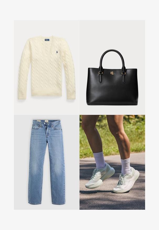 Krémový svetr s příčným pletením, výstřihem do V a dlouhými rukávy, s modrým vyšitým logem Polo Ralph Lauren na hrudi.; Světle modré džíny z denimu s rovnou nohavicí, kovovým zapínáním na knoflík, předními kapsami a jemnými detaily vyblednutí po celém povrchu.; Světlé mátově zelené sportovní boty s hladkým povrchem, kulatou špičkou a silnou podrážkou. V kombinaci s bílými kotníkovými ponožkami, zobrazené v pohybu na cestě.; Černá kožená kabelka se strukturovaným designem, dvojitými uchy a zlatým logem na přední straně. Hladká textura, minimalistický styl.