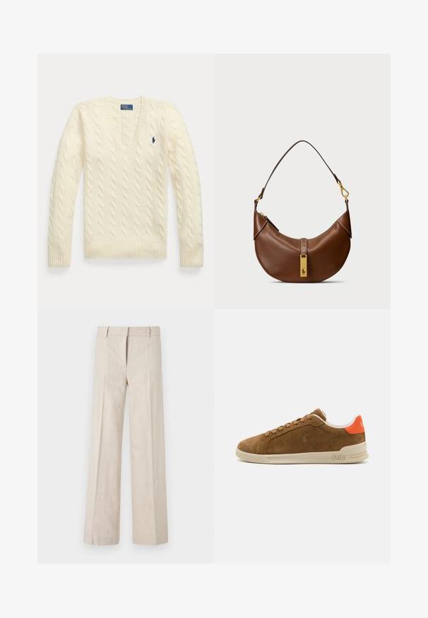 Pulover crem cu tricotaje în văluri, de tip V, cu mâneci lungi și logo-ul Polo Ralph Lauren brodat în albastru pe piept.; Pantaloni bej cu picioare largi dintr-un material ușor, având o textură netedă și pliseuri frontale curate. Talie ajustată cu bucle pentru curea.; Sneaker din suede maro cu o talpă din cauciuc crem, având accente portocalii la călcâi și un detaliu mic cu logo pe lateral.; Geantă de umăr din piele maro cu o formă curbată, accesorii din aur, detaliu cu clip superior și un accent cu logo. Textură netedă cu margini cusute.