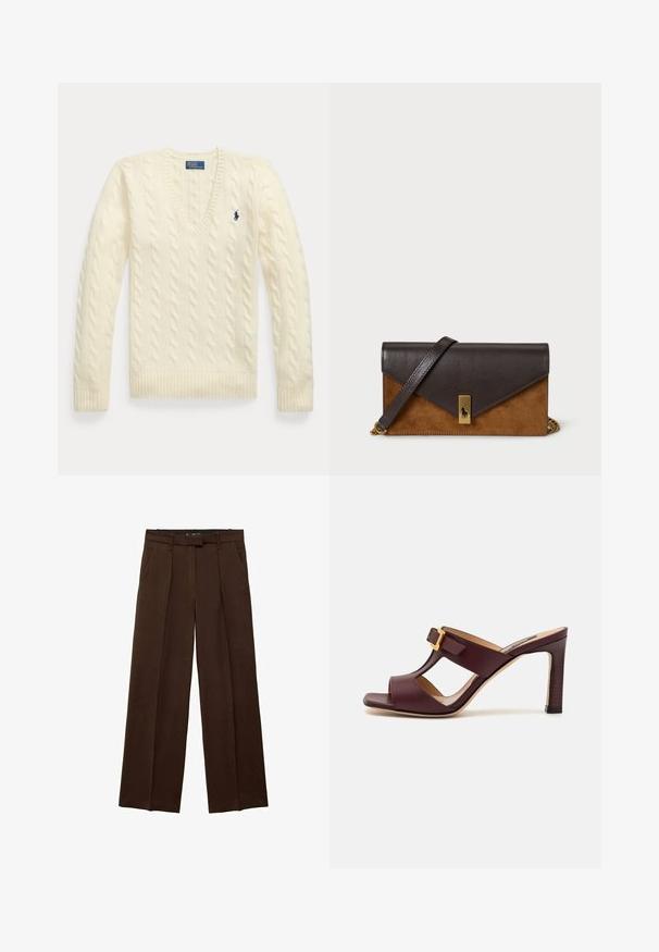 Cremefarvet kabelstrikket V-hals sweater med lange ærmer og blå Polo Ralph Lauren-logo broderet på brystet.; Brune brede bukser med en glat tekstur, frontfolder og sidelommer. Flad talje design med en skjult lukning.; Burgunderrøde højhælede sandaler med åben tå, med et udskæringsdesign og en guldspændeaccent på siden. Glat læderfinish.; Læder- og ruskindsklutch i mørkebrunt og tan, med en guldfarvet lås og en kædederem. Designet er vinkelret med en foldet klap.