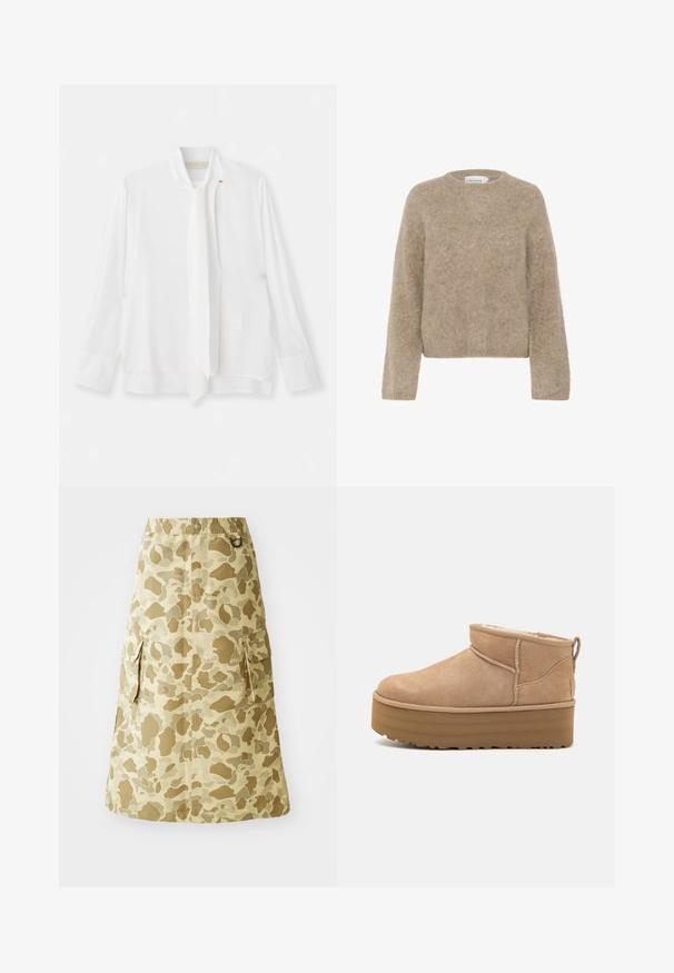 Pull marron, en peluche, fabriqué dans un matériau doux, avec un col rond et des manches longues. Design simple et court sans motifs ni accents visibles.; Vanessa Bruno ESTEBAN - Blouse - ecru; Jupe kaki avec un motif camouflage, fabriquée dans un matériau lisse, dotée d'une taille élastique et de deux poches latérales.; Bottines en suede beige avec un intérieur moelleux, dotées d'une semelle compensée et d'une languette à l'arrière pour un enfilage facile. Semelle extérieure en caoutchouc texturé.