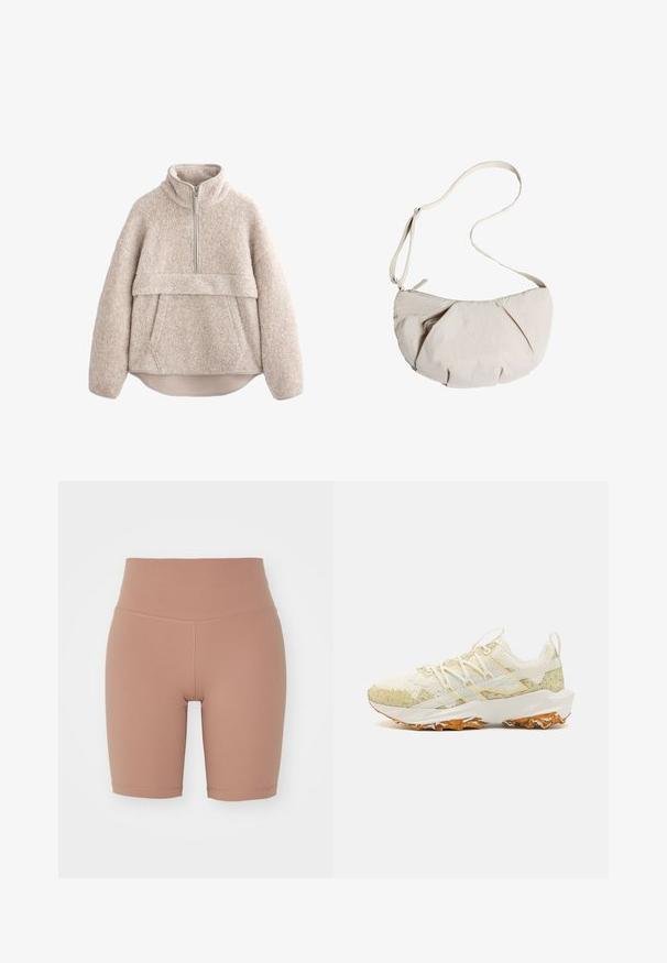 Pull de fleece beige texturé avec un col haut, une fermeture éclair mi-longue et une poche avant. Il possède des manches larges et un ourlet arrondi.; Shorts de vélo taille haute de couleur beige, fabriqués dans un matériau extensible, présentant une texture lisse et des coutures nettes pour un confort et un ajustement optimal.; Chaussures de sport en crème clair avec des accents verts mouchetés. Dotées d'un tissu en maille, d'une semelle en caoutchouc texturé et de lacets plats.; Sac bandoulière en tissu beige clair avec un design plissé, sangle réglable et fermeture éclair. Texture douce, forme arrondie, style minimaliste.