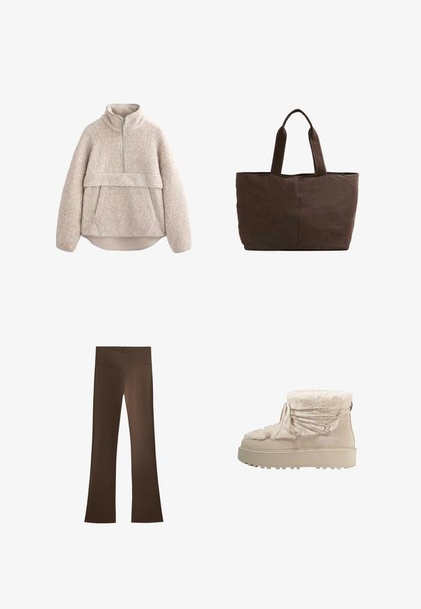 Beige, struktureret fleece-pullover med høj krave, lynlås i halv længde og frontlomme. Har brede ærmer og en buet kant.; Brune flared bukser med høj talje og krydsdesign. Fremstillet af et glat, strækbart materiale for komfort og pasform.; Beige ankelstøvle med pelsfor, suede yderside, snørelukning foran og tyk gummisål med struktureret mønster for bedre greb. Rund tådesign.; Brun stof totebag med to robuste håndtag, rektangulær form, minimale syninger og en glat tekstur.