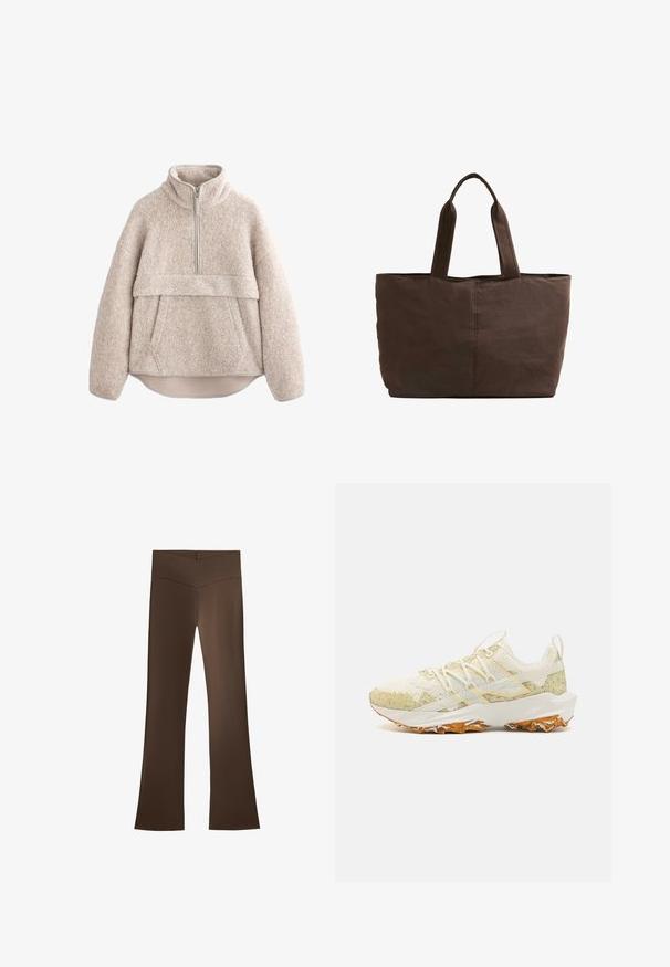 Beige, teksturoitu fleece-pusero korkealla kauluksella, puolipitkällä vetskarilla ja etutaskulla. Ominaisuuksia ovat leveät hihat ja kaareva helma.; Ruske flared hlače s visokim strukom i križnim dizajnom. Napravljene od glatkog, rastezljivog materijala za udobnost i dobar fit.; Urheilukengät vaaleassa kermassa, jossa on läikikkäitä vihreitä yksityiskohtia. Varustettu verkkovarrella, teksturoidulla kumipohjalla ja tasaisilla nauhoilla.; Ruskea kangaskassi, jossa on kaksi tukevata kahvaa, suorakaiteen muotoinen, vähäiset ompeluyksityiskohdat ja sileä pinta.