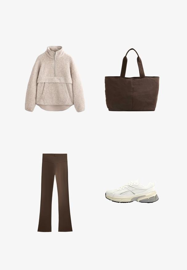 Beige, strukturierter Fleece-Pullover mit hohem Kragen, halblangem Reißverschluss und Fronttasche. Verfügt über weite Ärmel und einen abgerundeten Saum.; Braune Schlaghosen mit hohem Bündchen und einem Kreuzdesign. Hergestellt aus einem glatten, elastischen Material für Komfort und Passform.; Weiße Sportschuhe aus Netzmaterial mit strukturiertem Finish und Gummisohle mit grauen Akzenten. Schnürdesign. Moderne Silhouette.; Braune Stofftragetasche mit zwei stabilen Griffen, rechteckiger Form, minimalen Nähten und glatter Textur.