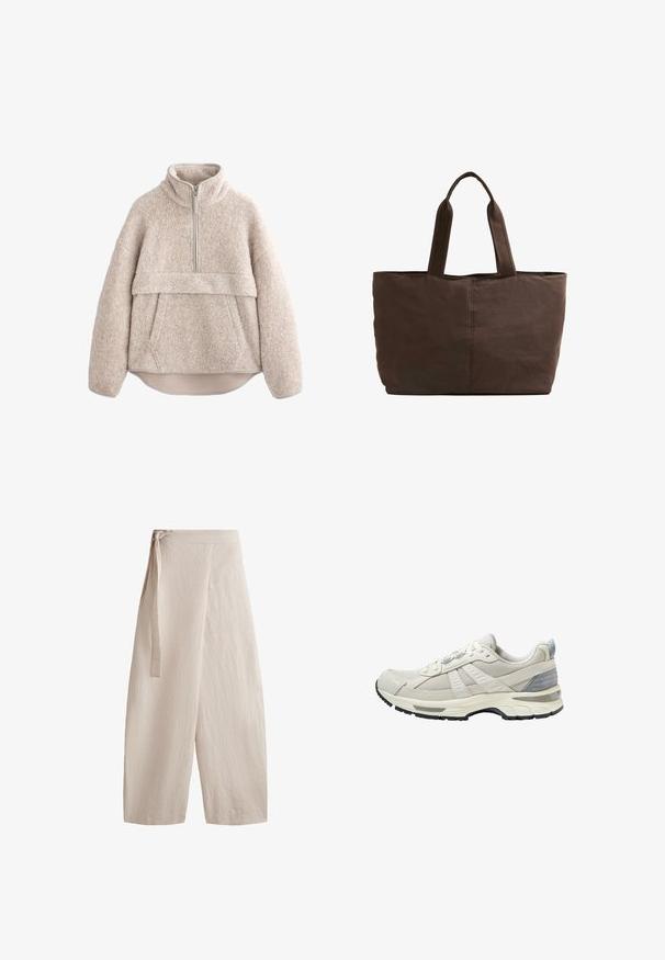 Béžový pulóver z texturovaného fleece s vysokým golierom, polovičným zipsom a predným vreckom. Obsahuje široké rukávy a zakrivený lem.; Béžové široké nohavice vyrobené z textúrovanej látky, s viazaním v páse, vysokým pásom a voľným strihom so rovnými nohavicami.; Béžová športová obuv s textúrovaným sieťovinovým zvrškom a hladkými akcentmi. Má odpruženú podrážku, spevnenú špičku a čiernu gumovú podrážku.; Hnedá látková taška s dvoma pevných uchami, obdĺžnikový tvar, minimálne švy a hladká textúra.