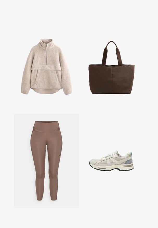 Pulover din blană texturată bej, cu guler înalt, fermoar până la jumătate și buzunar frontal. Dispune de mâneci largi și poală curbată.; Legginguri atletice maro, realizate dintr-un material neted și elastic, cu un talie înaltă. Au un logo mic negru pe partea inferioară a piciorului stâng.; Pantof sportiv bej cu partea superioară din plasă texturată și accente netede. Dispune de o talpă amortizată, vârf întărit și talpă exterioară din cauciuc negru.; Geantă din țesătură maro, cu două mânere rezistente, formă rectangulară, detalii de coasere minime și textură netedă.