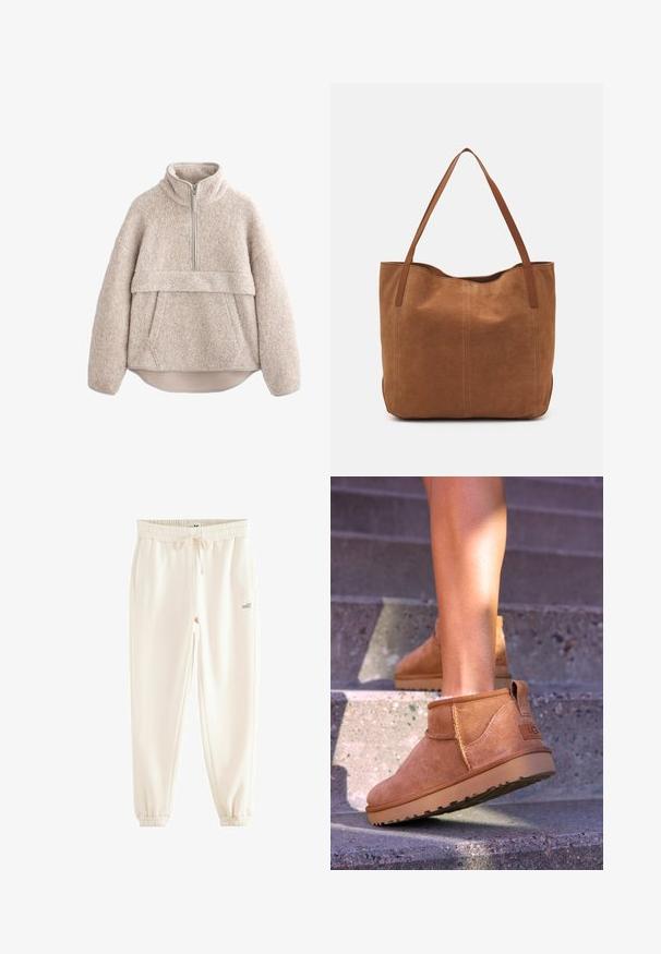 Bežan, teksturiran flis pulover z visokim ovratnikom, polovičnim zadrgo in sprednjim žepom. Ima široke rokave in ukrivljen rob.; Kremne hlače za prosti čas iz mehkega materiala, z elastičnim pasom, vrvico, stranskimi žepari in rebrastimi robovi. Natisnjen logo "self.".; Svetlosive nobuck gležnjarji z mehko teksturo, všitimi detajli in gumijastim podplatom, z zanko na peti za enostavno obuvanje.; Rjava nubuk torba z dvema dolgima ročajema, ki ima gladko teksturo, preprost dizajn in brez vidnih kovinskih delov ali okrasov.