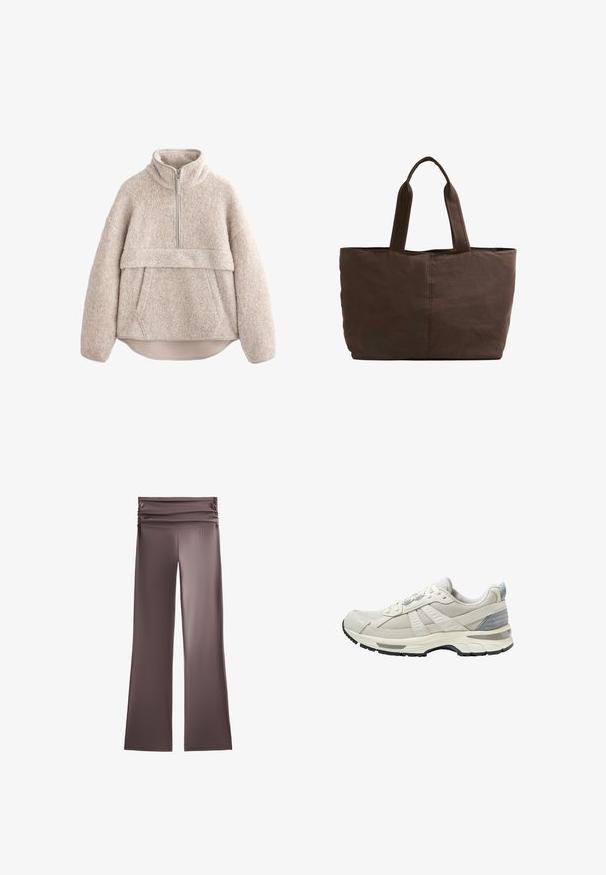 Beige, textúrált bolyhos pulóver magas gallérral, félig hosszú cipzárral és elülső zsebbel. Széles ujjak és ívelt alsó rész jellemzi.; Barna, vastag szövetből készült nadrág, széles, ráncolt derékrésszel. Harangszárú dizájn; sima textúra, minta vagy látható fémalkatrészek nélkül.; Bézs színű sportcipő texturált hálós felsőrésszel és sima kiegészítőkkel. Párnázott talppal, megerősített orr-résszel és fekete gumitalppal rendelkezik.; Barna textil bevásárlótáska, két strapabíró füllel, téglalap alakú, minimális varrási részletekkel és sima felülettel.