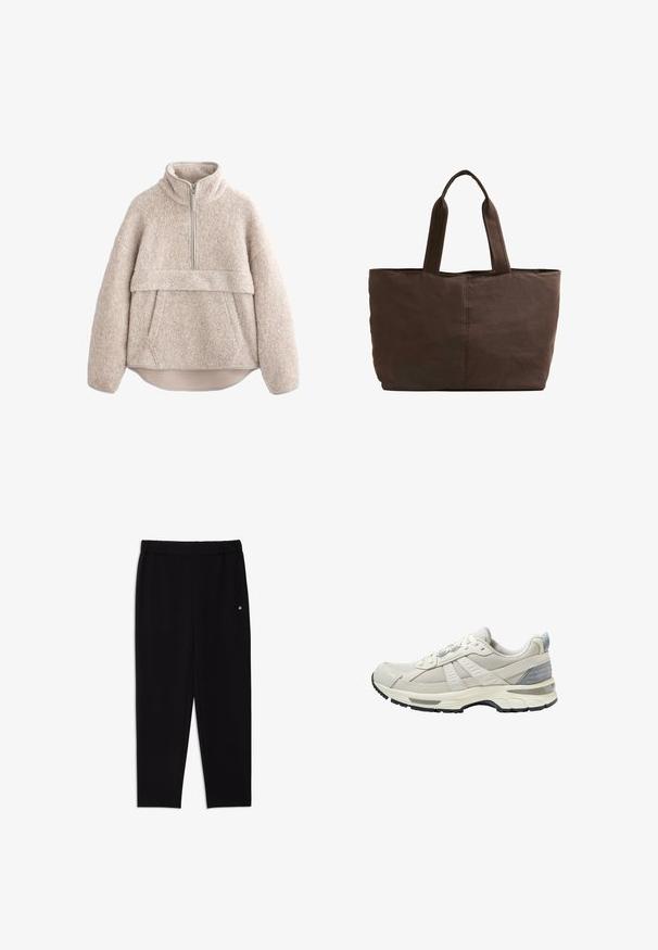 Beige, strukturierter Fleece-Pullover mit hohem Kragen, halblangem Reißverschluss und Fronttasche. Verfügt über weite Ärmel und einen abgerundeten Saum.; Schwarze elastische Hose mit seitlichen Taschen; taillierte Passform; glatte Textur mit sauberem Finish. Keine sichtbaren Logos oder Muster.; Beiger Sportschuh mit strukturiertem Mesh-Obermaterial und glatten Akzenten. Verfügt über eine gepolsterte Sohle, verstärkte Zehenpartie und schwarze Gummiaußensohle.; Braune Stofftragetasche mit zwei stabilen Griffen, rechteckiger Form, minimalen Nähten und glatter Textur.