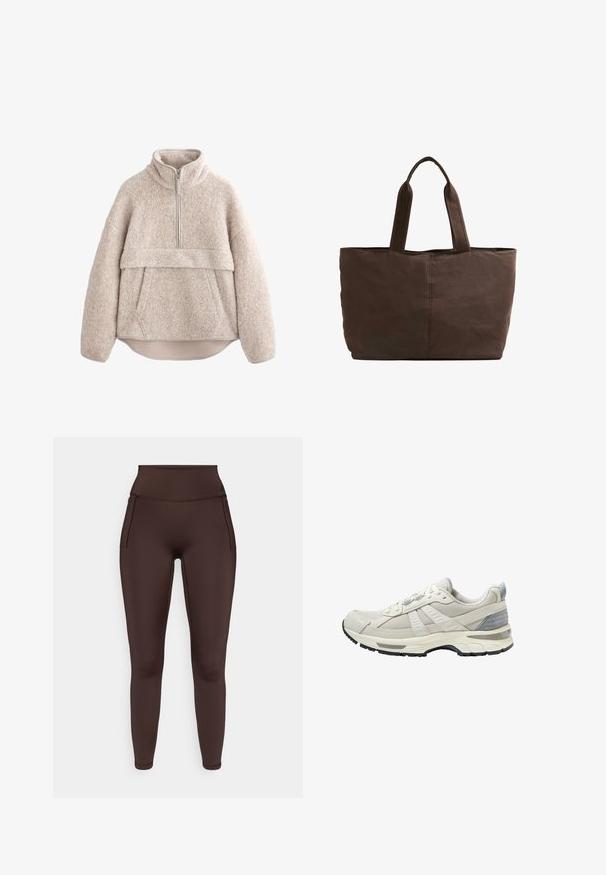 Bežan, teksturiran flis pulover z visokim ovratnikom, polovičnim zadrgo in sprednjim žepom. Ima široke rokave in ukrivljen rob.; Rjave pajkice z visokim pasom iz raztegljivega blaga z bočnimi žepi in gladko teksturo. Poudarjene z minimalnimi šivi.; Bež atletski čevelj z zgornjim delom iz teksturirane mrežice in gladkimi poudarki. Ima oblazinjen podplat, ojačan prstni del in črni gumijasti podplat.; Rjava platnena torba z dvema trdnima ročajema, pravokotne oblike, minimalni šivi in gladka tekstura.