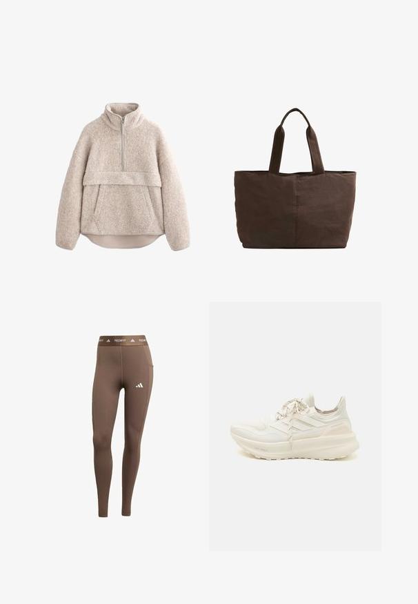 Beige, strukturierter Fleece-Pullover mit hohem Kragen, halblangem Reißverschluss und Fronttasche. Verfügt über weite Ärmel und einen abgerundeten Saum.; Braune Sportleggings aus dehnbarem Material. Mit einem weißen Logo am linken Bein und einem elastischen Bund mit Branding. Glatte Textur und enganliegende Passform.; Weißer Sportschuh mit strukturiertem Obermaterial, drei-Streifen-Design, leichter Dämpfung und einem zweifarbigen Fersenakzent. Leichte Sohlen-Technologie.; Braune Stofftragetasche mit zwei stabilen Griffen, rechteckiger Form, minimalen Nähten und glatter Textur.