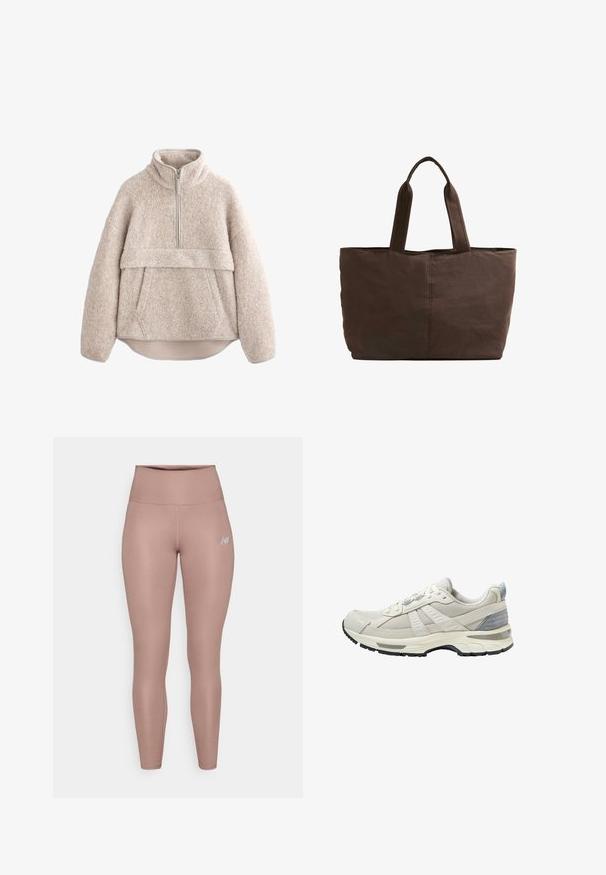 Beige, struktureret fleece-pullover med høj krave, lynlås i halv længde og frontlomme. Har brede ærmer og en buet kant.; New Balance HARMONY HIGH RISE - Tights - earth shadow; Beige atletiksko med tekstureret mesh-overdel og glatte detaljer. Har en polstret sål, forstærket tå og sort gummiydersål.; Brun stof totebag med to robuste håndtag, rektangulær form, minimale syninger og en glat tekstur.