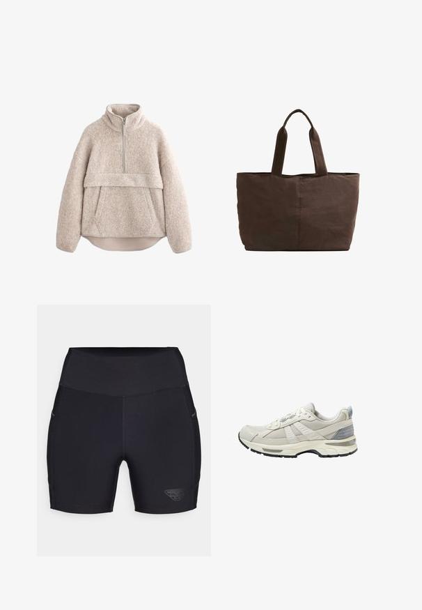 Beige, gestructureerde fleece pullover met een hoge kraag, rits tot halverwege en een vo zak. Heeft brede mouwen en een gebogen zoom.; Zwarte sportieve short met een hoge tailleband, gemaakt van rekbare stof. Kenmerken zijn onder andere een logo aan de zijkant en discrete zijzakken.; Beige sportschoen met een bovenwerk van gestructureerd mesh en gladde accenten. Voorzien van een gewatteerde zool, versterkte neus en een zwarte rubberen buitenzool.; Bruine stoffen tote bag met twee stevige handvatten, rechthoekige vorm, minimale stikdetails en een gladde textuur.