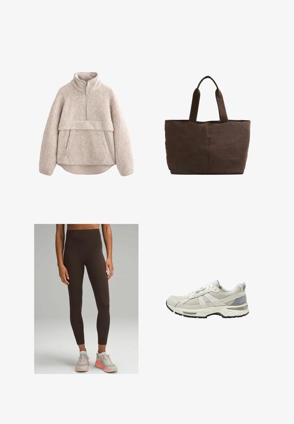 Pull de fleece beige texturé avec un col haut, une fermeture éclair mi-longue et une poche avant. Il possède des manches larges et un ourlet arrondi.; lululemon WUNDER TRAIN HIGH-RISE 64CM - Leggings - espresso; Chaussure de sport beige avec tige en maille texturée et accents lisses. Comprend une semelle coussinée, un bout renforcé et une semelle extérieure en caoutchouc noir.; Sac tote en tissu marron avec deux poignées robustes, forme rectangulaire, détails de couture minimalistes et texture lisse.