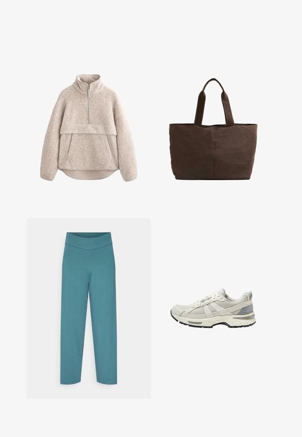 Beige, teksturoitu fleece-pusero korkealla kauluksella, puolipitkällä vetskarilla ja etutaskulla. Ominaisuuksia ovat leveät hihat ja kaareva helma.; Teal-huulistetut housut, jotka on valmistettu pehmeästä, joustavasta materiaalista, jossa on leveä, sileä vyötärö ja suorat lahkeet. Ei näkyviä kuvioita tai yksityiskohtia.; Beigen värinen urheilukenkä, jossa on teksturoitu verkkopäällinen ja sileät yksityiskohdat. Varustettu pehmustetulla pohjalla, vahvistetulla kärjellä ja mustalla kumipohjalla.; Ruskea kangaskassi, jossa on kaksi tukevata kahvaa, suorakaiteen muotoinen, vähäiset ompeluyksityiskohdat ja sileä pinta.