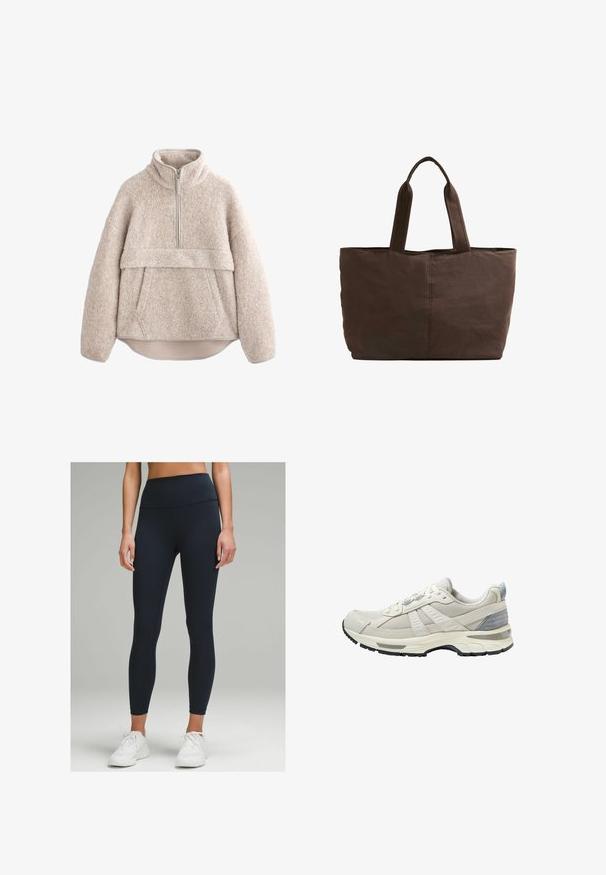 Beige, strukturierter Fleece-Pullover mit hohem Kragen, halblangem Reißverschluss und Fronttasche. Verfügt über weite Ärmel und einen abgerundeten Saum.; Hochtaillierte, enganliegende Leggings in Dunkelblau, aus dehnbarem Material hergestellt. Verfügt über eine glatte Textur und keine sichtbaren Muster oder Akzente.; Beiger Sportschuh mit strukturiertem Mesh-Obermaterial und glatten Akzenten. Verfügt über eine gepolsterte Sohle, verstärkte Zehenpartie und schwarze Gummiaußensohle.; Braune Stofftragetasche mit zwei stabilen Griffen, rechteckiger Form, minimalen Nähten und glatter Textur.