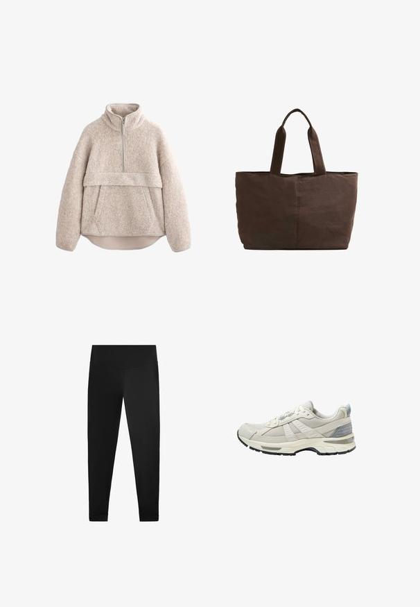 Beige, textúrált bolyhos pulóver magas gallérral, félig hosszú cipzárral és elülső zsebbel. Széles ujjak és ívelt alsó rész jellemzi.; Fekete leggings sima, rugalmas anyagból. Magas derék kialakítás, bokánál díszítéssel és látható minták vagy fémrészletek nélkül.; Bézs színű sportcipő texturált hálós felsőrésszel és sima kiegészítőkkel. Párnázott talppal, megerősített orr-résszel és fekete gumitalppal rendelkezik.; Barna textil bevásárlótáska, két strapabíró füllel, téglalap alakú, minimális varrási részletekkel és sima felülettel.