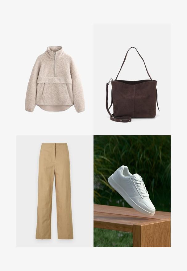 Béžový fleecový pulovr s texturou, vysokým límcem, zipem do poloviny délky a přední kapsou. Vybaven širokými rukávy a zaobleným lemem.; Béžové kalhoty rovného střihu s plochým předním dílem, bočními kapsami a hladkým, lehkým materiálem. Bez viditelných vzorů nebo kovových detailů.; Bílé tenisky s hladkým syntetickým svrškem, perforovanou špičkou, plochými tkaničkami a texturovanou podrážkou, vystavené na dřevěném povrchu.; Hnědá semišová taška přes rameno s jemnou texturou, vybavená jedním popruhem na rameno a decentním zakřiveným horním otvorem. Žádné viditelné detaily z hardware.