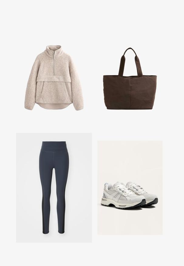 Beige, textúrált bolyhos pulóver magas gallérral, félig hosszú cipzárral és elülső zsebbel. Széles ujjak és ívelt alsó rész jellemzi.; Sötétkék, elasztikus anyagból készült leggings, fekete oldalsó panelek és magas derekú szabással. Simább textúrájú, testhezálló dizájn.; Könnyű futócipők fehér és szürke színben, hálós és velúr anyagokkal, fűzős záródással, párnázott talppal és texturált fekete talppal.; Barna textil bevásárlótáska, két strapabíró füllel, téglalap alakú, minimális varrási részletekkel és sima felülettel.