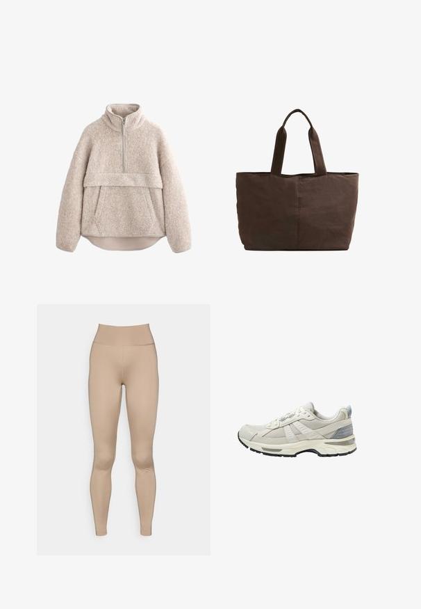 Beige, struktureret fleece-pullover med høj krave, lynlås i halv længde og frontlomme. Har brede ærmer og en buet kant.; Lys beige leggings med høj talje, lavet af glat, strækbart materiale, uden synlige sømme eller mønstre.; Beige atletiksko med tekstureret mesh-overdel og glatte detaljer. Har en polstret sål, forstærket tå og sort gummiydersål.; Brun stof totebag med to robuste håndtag, rektangulær form, minimale syninger og en glat tekstur.