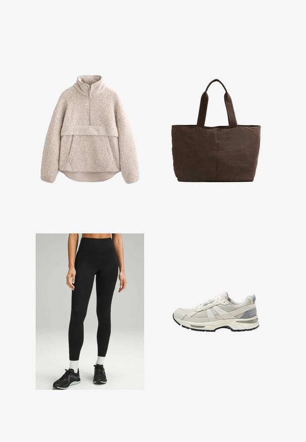Pullover in pile beige e testurizzato con colletto alto, zip a metà lunghezza e tasca frontale. Presenta maniche ampie e orlo curvo.; Leggings neri alta vita realizzati in materiale elasticizzato, con un design elegante, una texture liscia e un discreto dettaglio laterale. Abbinati a scarpe da ginnastica nere.; Scarpa sportiva beige con tomaia in mesh testurizzato e dettagli lisci. Presenta una suola ammortizzata, punta rinforzata e suola esterna in gomma nera.; Borsa a tracolla in tessuto marrone con due manici robusti, forma rettangolare, dettagli di cucitura minimi e una texture liscia.