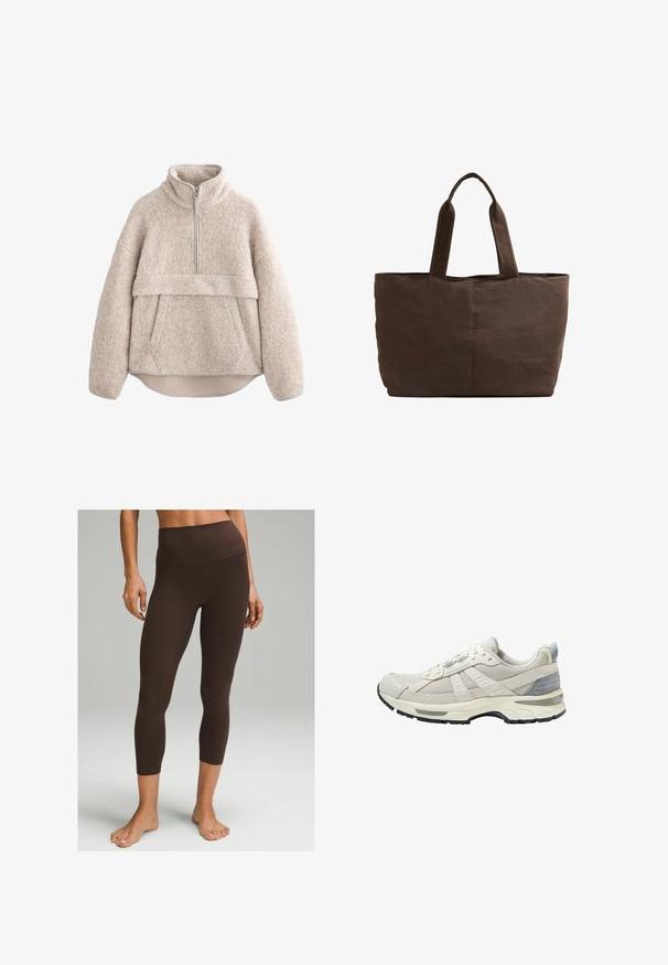 Pull de fleece beige texturé avec un col haut, une fermeture éclair mi-longue et une poche avant. Il possède des manches larges et un ourlet arrondi.; lululemon Align™ High-Rise Crop 58" - Leggings - espresso; Chaussure de sport beige avec tige en maille texturée et accents lisses. Comprend une semelle coussinée, un bout renforcé et une semelle extérieure en caoutchouc noir.; Sac tote en tissu marron avec deux poignées robustes, forme rectangulaire, détails de couture minimalistes et texture lisse.