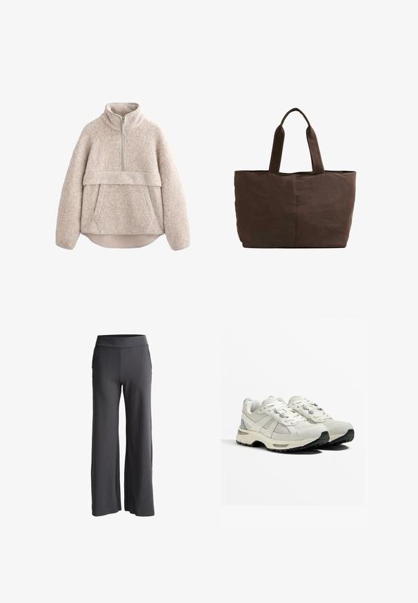 Béžový fleecový pulovr s texturou, vysokým límcem, zipem do poloviny délky a přední kapsou. Vybaven širokými rukávy a zaobleným lemem.; Nosí široké kalhoty v tmavě šedé látce s jemnou strukturou. Mají vysoký elastický pas a boční kapsy pro větší funkčnost.; Lehké běžecké boty v béžové a šedé barvě. Síťovina na svršku, gumová podrážka, tkaničky s vyztuženými očky a texturovaný akcent na patě.; Hnědá látková taška s dvěma pevným uchy, obdélníkový tvar, minimální detaily šití a hladká textura.