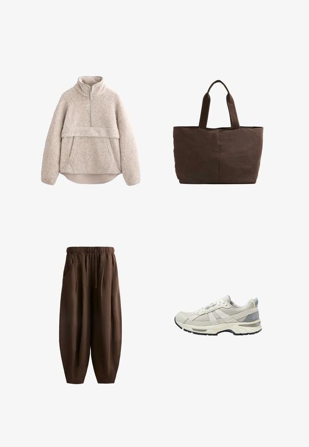 Beige, textúrált bolyhos pulóver magas gallérral, félig hosszú cipzárral és elülső zsebbel. Széles ujjak és ívelt alsó rész jellemzi.; Barna, laza szabású nadrág, zsinóros derékkal, texturált anyagból, oldalsó zsebekkel és szűkülő szárral.; Bézs színű sportcipő texturált hálós felsőrésszel és sima kiegészítőkkel. Párnázott talppal, megerősített orr-résszel és fekete gumitalppal rendelkezik.; Barna textil bevásárlótáska, két strapabíró füllel, téglalap alakú, minimális varrási részletekkel és sima felülettel.