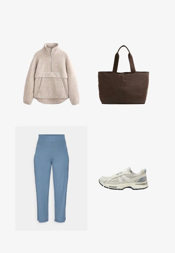 Beige, strukturierter Fleece-Pullover mit hohem Kragen, halblangem Reißverschluss und Fronttasche. Verfügt über weite Ärmel und einen abgerundeten Saum.; Helleblaue, enganliegende Leggings mit hohem Bund, glatter Textur und geradem Beinansatz. Keine sichtbaren Muster oder Beschläge.; Beiger Sportschuh mit strukturiertem Mesh-Obermaterial und glatten Akzenten. Verfügt über eine gepolsterte Sohle, verstärkte Zehenpartie und schwarze Gummiaußensohle.; Braune Stofftragetasche mit zwei stabilen Griffen, rechteckiger Form, minimalen Nähten und glatter Textur.