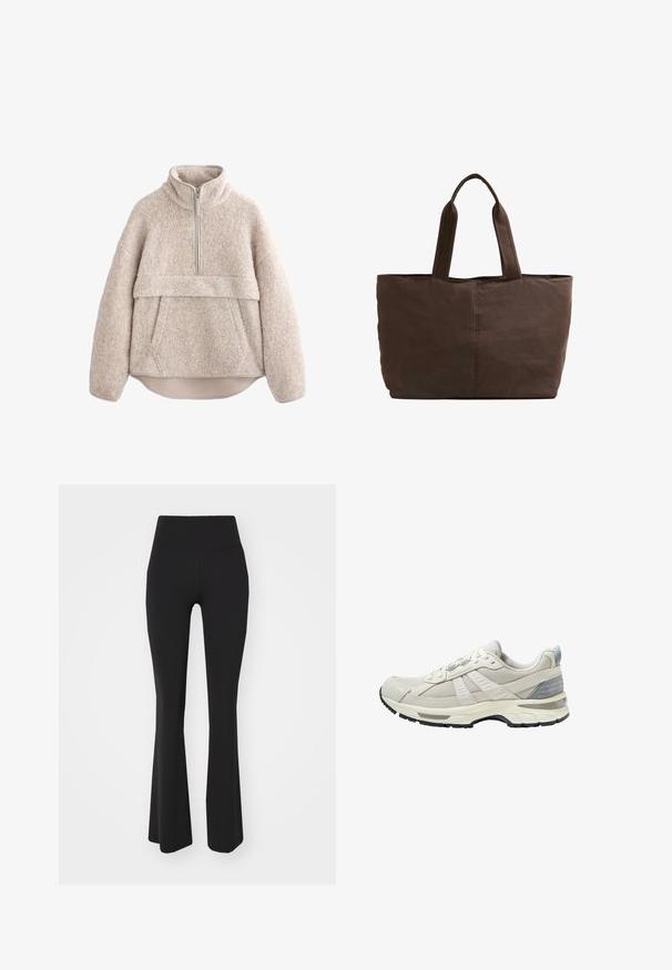 Beige, textúrált bolyhos pulóver magas gallérral, félig hosszú cipzárral és elülső zsebbel. Széles ujjak és ívelt alsó rész jellemzi.; P.E Nation PREVIEW - Tréningruha alsók - black; Bézs színű sportcipő texturált hálós felsőrésszel és sima kiegészítőkkel. Párnázott talppal, megerősített orr-résszel és fekete gumitalppal rendelkezik.; Barna textil bevásárlótáska, két strapabíró füllel, téglalap alakú, minimális varrási részletekkel és sima felülettel.