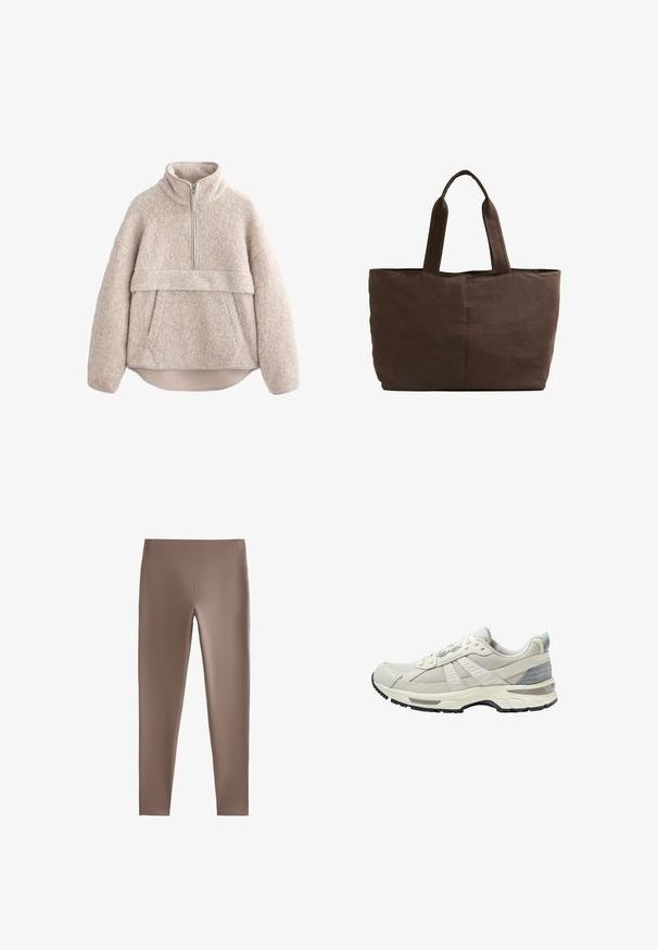 Pulover din blană texturată bej, cu guler înalt, fermoar până la jumătate și buzunar frontal. Dispune de mâneci largi și poală curbată.; Leggings maronii din țesătură elastică; design ajustat cu o textură netedă, talie medie-înaltă și fără buzunare sau ornamente vizibile.; Pantof sportiv bej cu partea superioară din plasă texturată și accente netede. Dispune de o talpă amortizată, vârf întărit și talpă exterioară din cauciuc negru.; Geantă din țesătură maro, cu două mânere rezistente, formă rectangulară, detalii de coasere minime și textură netedă.