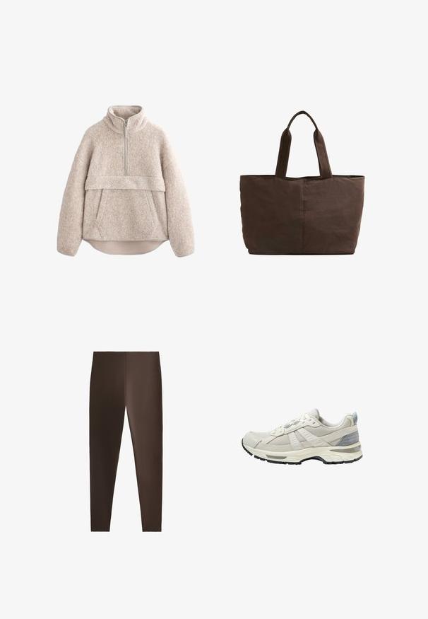 Beżowy, teksturowany polarowy sweter z wysokim kołnierzem, półdługim zamkiem błyskawicznym i kieszenią z przodu. Posiada szerokie rękawy i zaokrąglony dół.; Brązowe legginsy wykonane z gładkiego materiału, z dopasowanym krojem, wysokim stanem i bez widocznych zapięć czy wzorów.; Beżowy but sportowy z teksturowaną siateczkową cholewką i gładkimi akcentami. Posiada amortyzowaną podeszwę, wzmocniony nosek oraz czarną gumową podeszwę zewnętrzną.; Brązowa torba materiałowa z dwoma mocnymi uchwytami, prostokątny kształt, minimalne detale w szyciu i gładka tekstura.