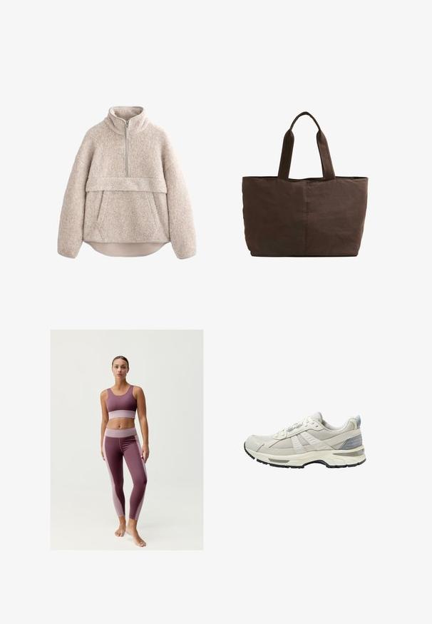 Beżowy, teksturowany polarowy sweter z wysokim kołnierzem, półdługim zamkiem błyskawicznym i kieszenią z przodu. Posiada szerokie rękawy i zaokrąglony dół.; Zestaw biustonosza sportowego i legginsów w głębokim mauve z jaśniejszymi akcentami mauve. Miękki, elastyczny materiał, dopasowany krój, minimalne detale szwów.; Beżowy but sportowy z teksturowaną siateczkową cholewką i gładkimi akcentami. Posiada amortyzowaną podeszwę, wzmocniony nosek oraz czarną gumową podeszwę zewnętrzną.; Brązowa torba materiałowa z dwoma mocnymi uchwytami, prostokątny kształt, minimalne detale w szyciu i gładka tekstura.