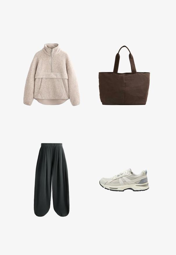 Beige, texturerad fleecepullover med hög krage, halvängd dragkedja och framficka. Har breda ärmar och en rundad nederkant.; Mörkgrå, vida byxor med hög midja, i mjukt, strukturerat tyg och veckade detaljer för en avslappnad passform.; Beige sportskor med texturerad mesh-överdel och släta detaljer. Har en vadderad sula, förstärkt tå och svart gummiyttersula.; Brun tygväska med två kraftiga handtag, rektangulär form, minimala sömnadsdetaljer och en slät yta.
