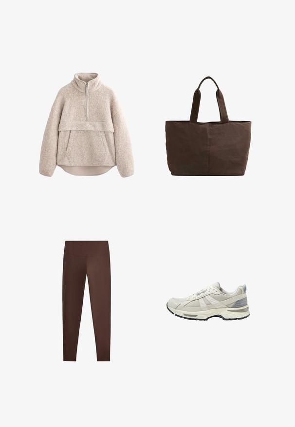 Beige, strukturierter Fleece-Pullover mit hohem Kragen, halblangem Reißverschluss und Fronttasche. Verfügt über weite Ärmel und einen abgerundeten Saum.; Braune Leggings aus einem glatten, dehnbaren Material, mit hohem Bund und figurbetonter Silhouette, ohne sichtbare Muster oder Akzente.; Beiger Sportschuh mit strukturiertem Mesh-Obermaterial und glatten Akzenten. Verfügt über eine gepolsterte Sohle, verstärkte Zehenpartie und schwarze Gummiaußensohle.; Braune Stofftragetasche mit zwei stabilen Griffen, rechteckiger Form, minimalen Nähten und glatter Textur.