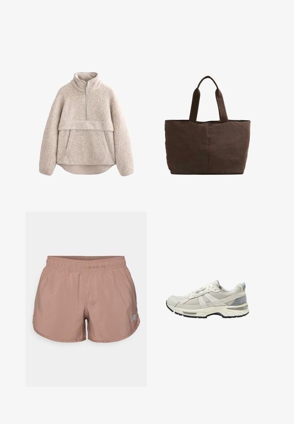 Beige, textúrált bolyhos pulóver magas gallérral, félig hosszú cipzárral és elülső zsebbel. Széles ujjak és ívelt alsó rész jellemzi.; Világosbarna sportos rövidnadrág, rugalmas derékkal és egy kis fényvisszaverő logóval az oldalon. Simább, könnyű anyagból készült.; Bézs színű sportcipő texturált hálós felsőrésszel és sima kiegészítőkkel. Párnázott talppal, megerősített orr-résszel és fekete gumitalppal rendelkezik.; Barna textil bevásárlótáska, két strapabíró füllel, téglalap alakú, minimális varrási részletekkel és sima felülettel.