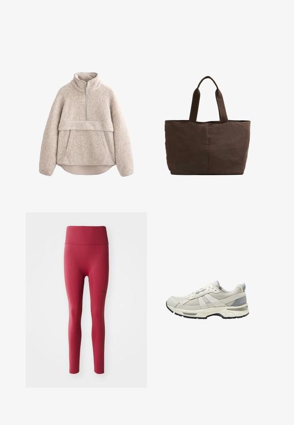 Pulover din blană texturată bej, cu guler înalt, fermoar până la jumătate și buzunar frontal. Dispune de mâneci largi și poală curbată.; Leggings atletice roșii cu un talie înaltă, texturată; au o finisare netedă, o formă ajustată și un detaliu logo subtil pe lateral.; Pantof sportiv bej cu partea superioară din plasă texturată și accente netede. Dispune de o talpă amortizată, vârf întărit și talpă exterioară din cauciuc negru.; Geantă din țesătură maro, cu două mânere rezistente, formă rectangulară, detalii de coasere minime și textură netedă.
