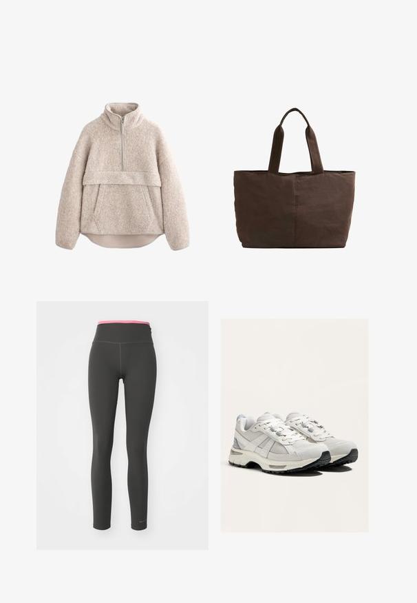 Bežan, teksturiran flis pulover z visokim ovratnikom, polovičnim zadrgo in sprednjim žepom. Ima široke rokave in ukrivljen rob.; Black leggings z visokim roza pasom, narejeni iz gladkega, raztegljivega materiala. Imajo ravne šive in logo v spodnjem levem kotu.; Lahki tekaški copati v beli in sivi barvi z mrežastim in semiš materialom, vezalkami, oblazinjenimi podplati in teksturiranim črnim podplatom.; Rjava platnena torba z dvema trdnima ročajema, pravokotne oblike, minimalni šivi in gladka tekstura.